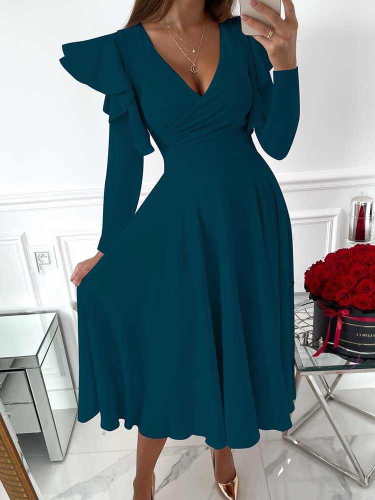 Sixsr V Neck Ruffled Long Sleeved Dress