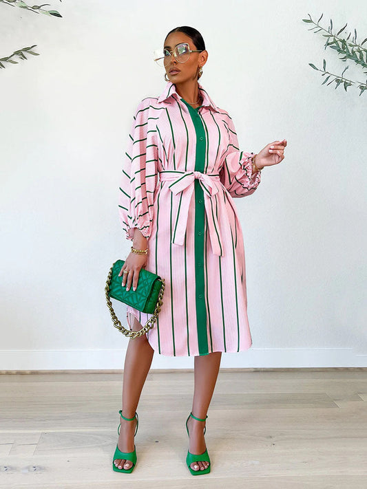 Sixsr Striped Print Shirt Dress With Belt