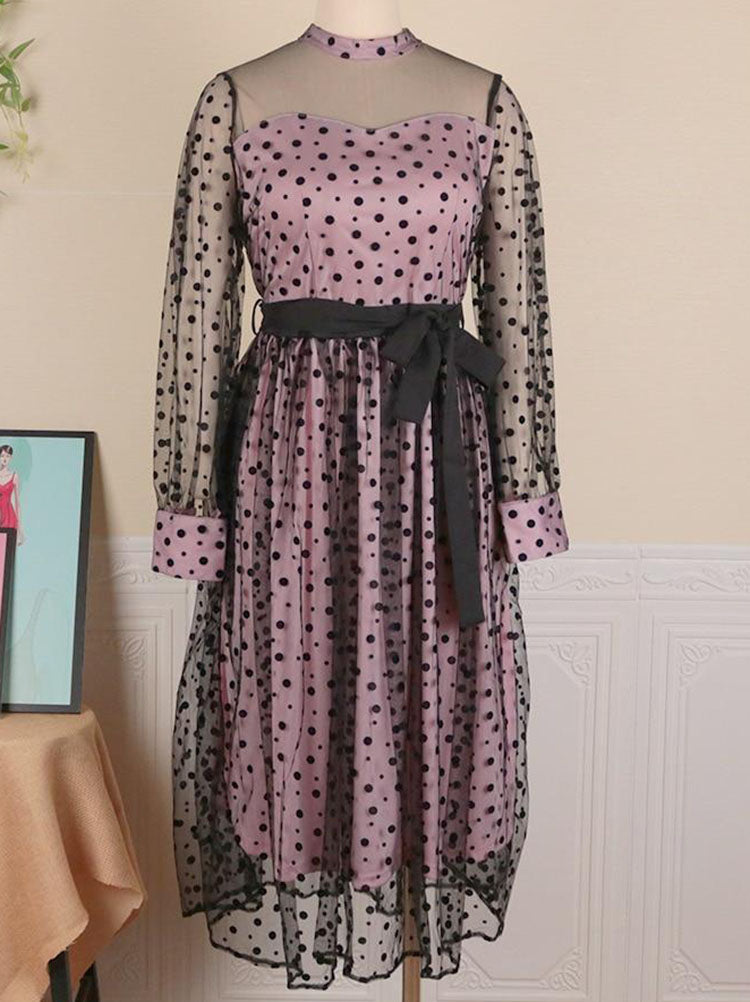 Sixsr Polka Dot Mesh Patchwork Dress