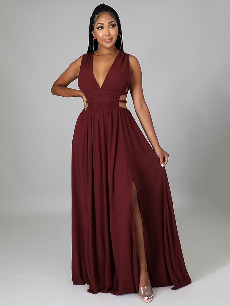 Sixsr Sleeveless V Neck Slit Maxi Dress