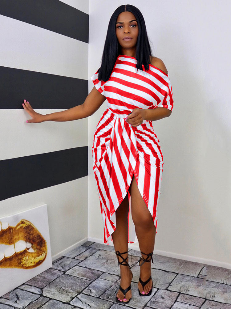 Sixsr Striped One Shoulder Ruched Dress