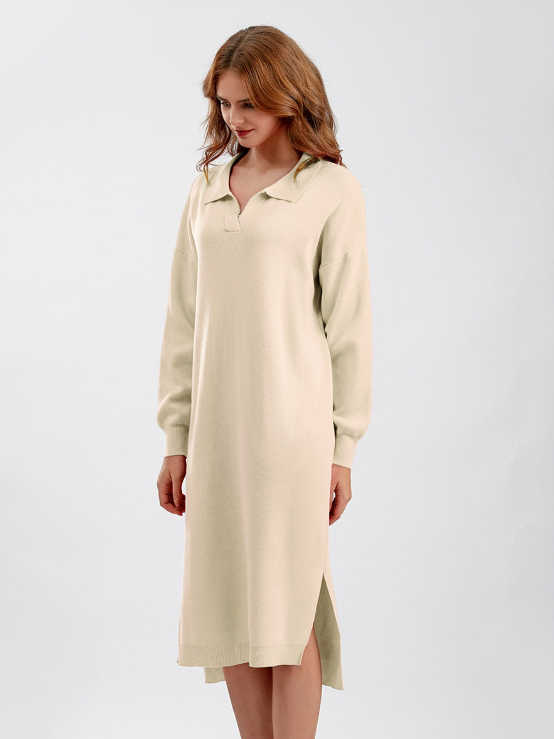 swvws Johnny Collar Long Sleeve Slit Sweater Dress