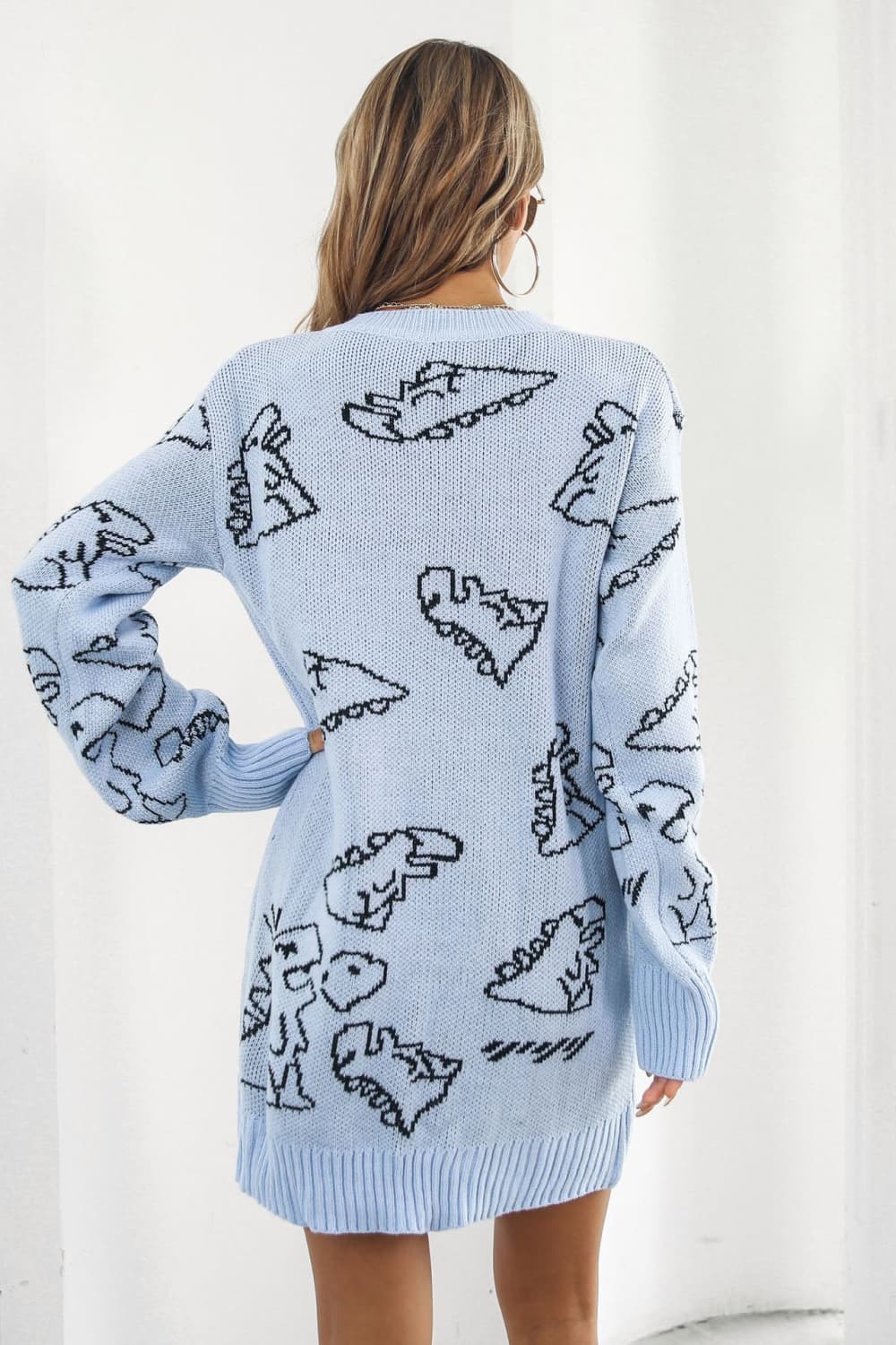 swvws Dinosaur Pattern V-Neck Sweater Dress