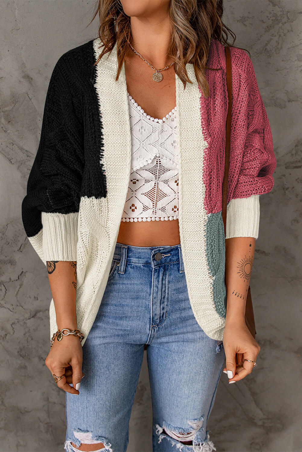 swvws Color Block Cable-Knit Batwing Sleeve Cardigan