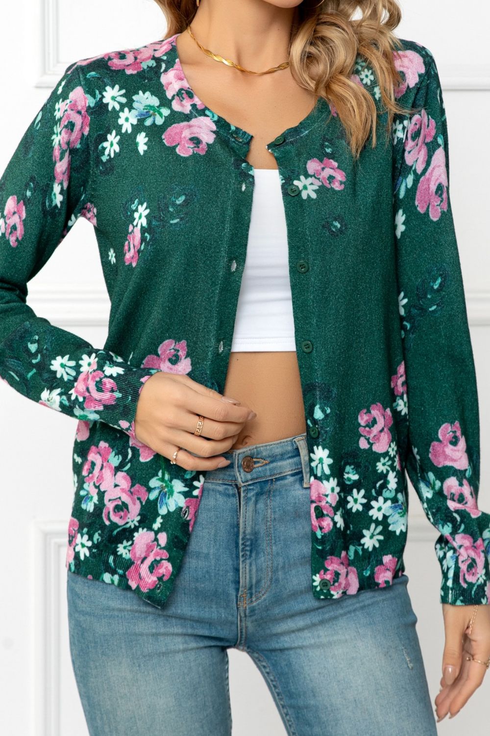 swvws Floral Button Front Round Neck Cardigan