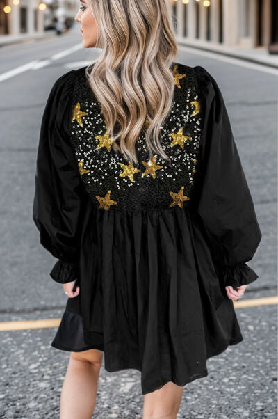 swvws Star Sequin Round Neck Flounce Sleeve Mini Dress