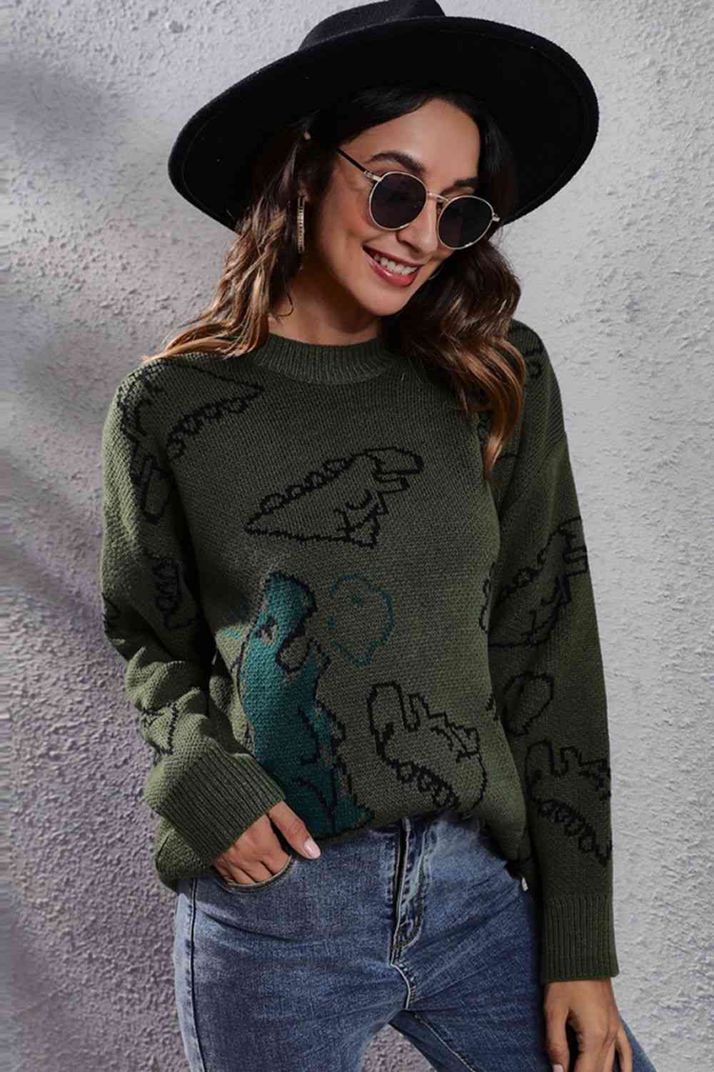 swvws Dinosaur Pattern Round Neck Sweater