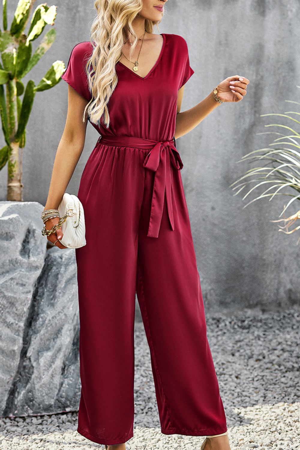 swvws Tie Belt V-Neck Short Sleeve Jumpsuit