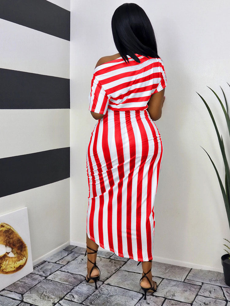 Sixsr Striped One Shoulder Ruched Dress