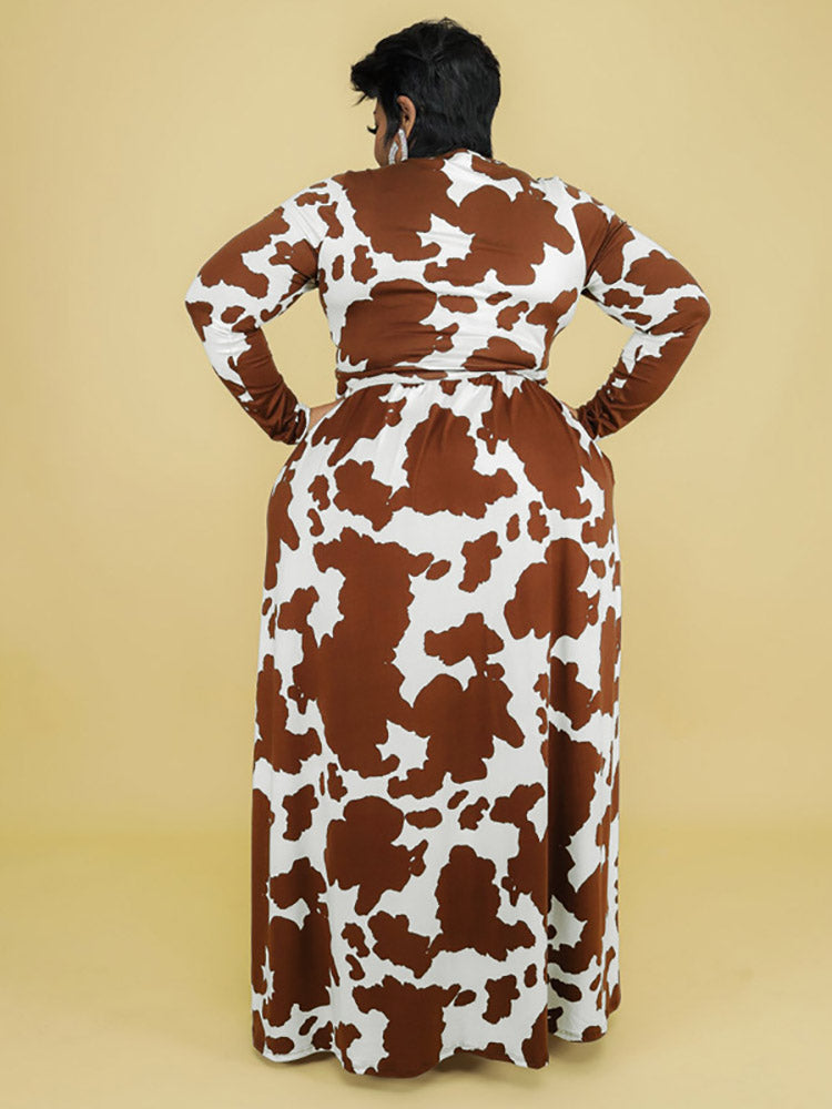 Sixsr Cow Print V Neck Wrap Dress