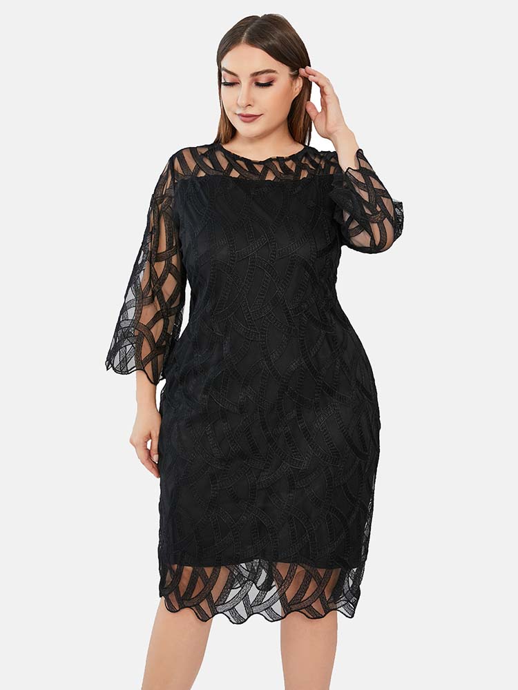 Sixsr Three Quarter Sleeve Lace Panel Dress