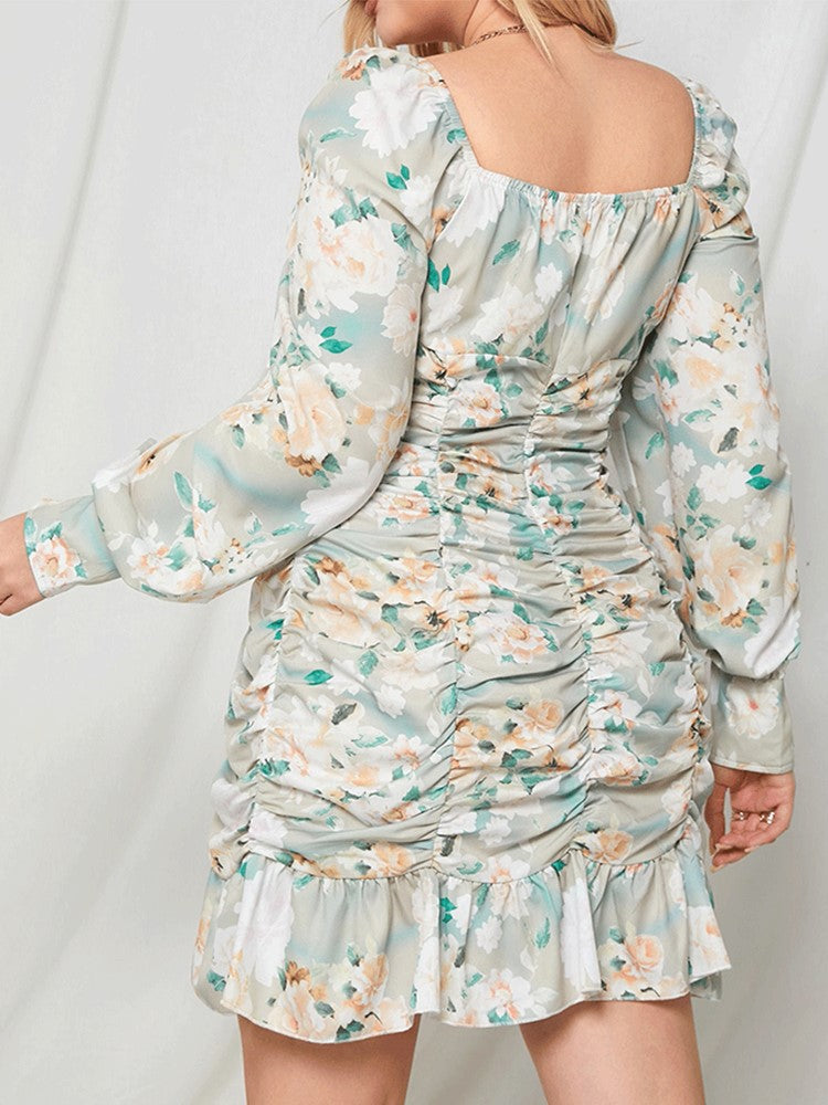 Sixsr Floral Printed Puff Sleeve Midi Dress