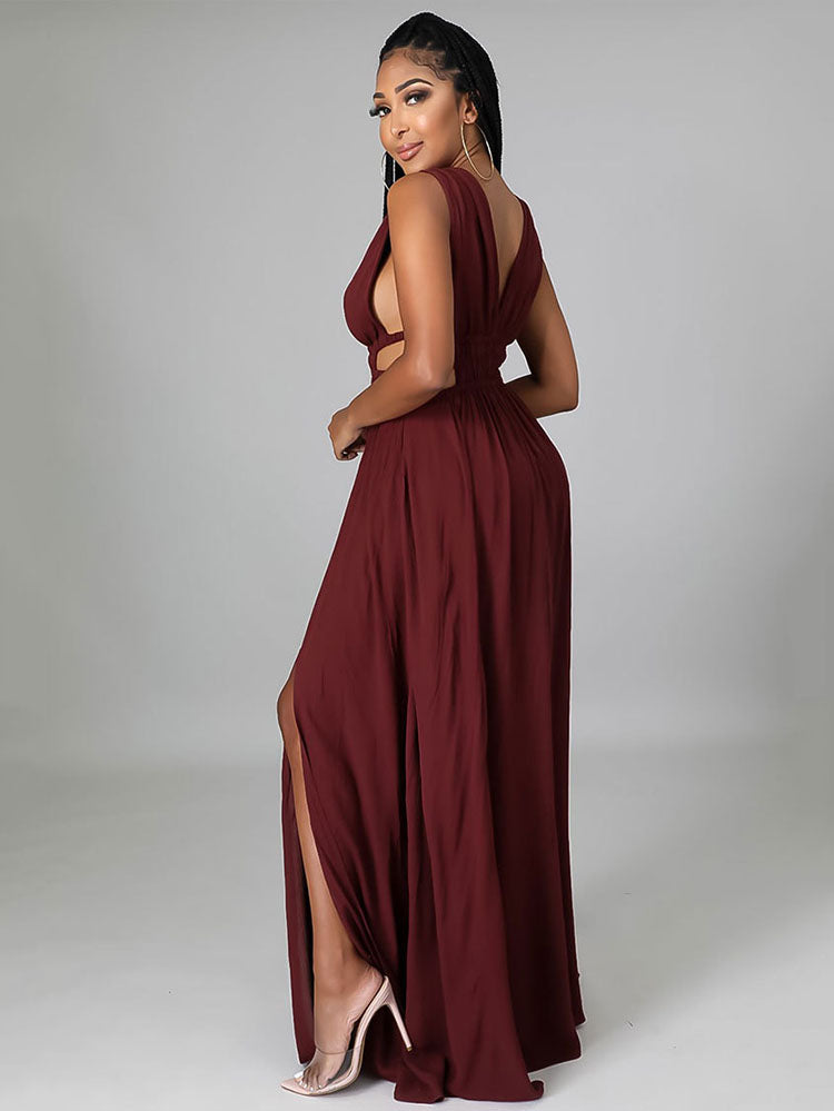 Sixsr Sleeveless V Neck Slit Maxi Dress