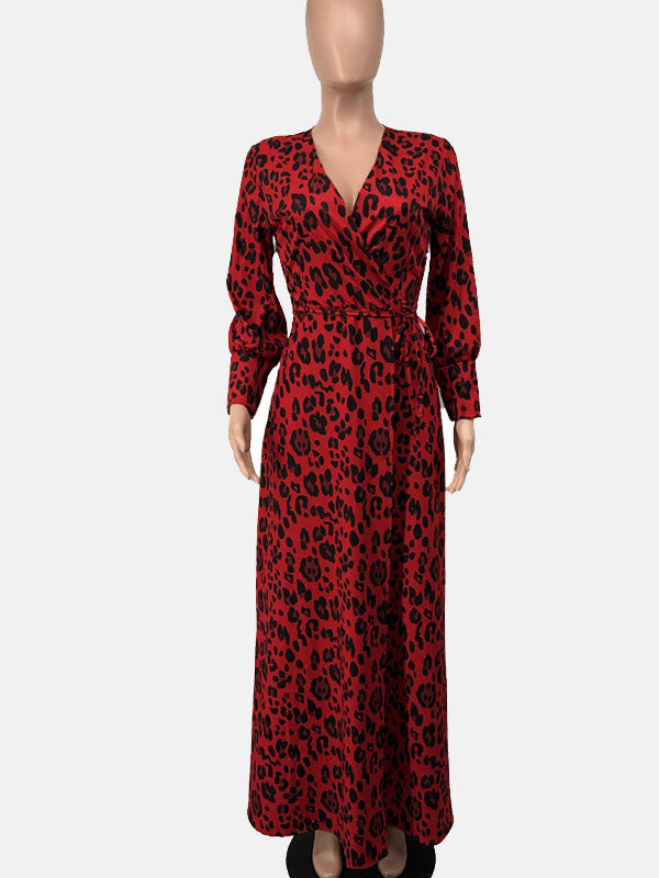 Sixsr Leopard Print Slit V Neck Long Sleeve Dress