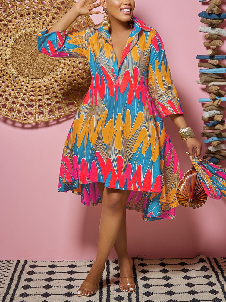 Sixsr Printed A-Line Shirt Midi Dress