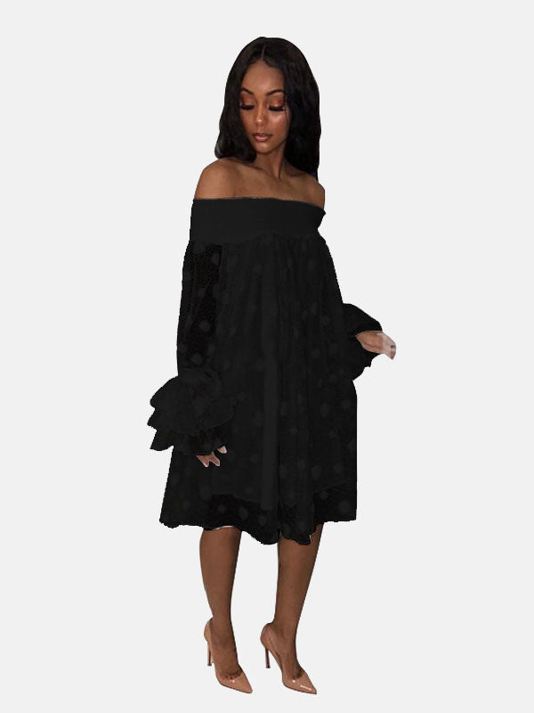 Sixsr Off Shoulder Mesh Polka Dot Dress