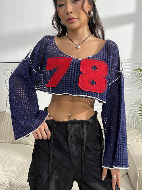 swvws Contrast Patches Long Sleeve Cropped Knit Top