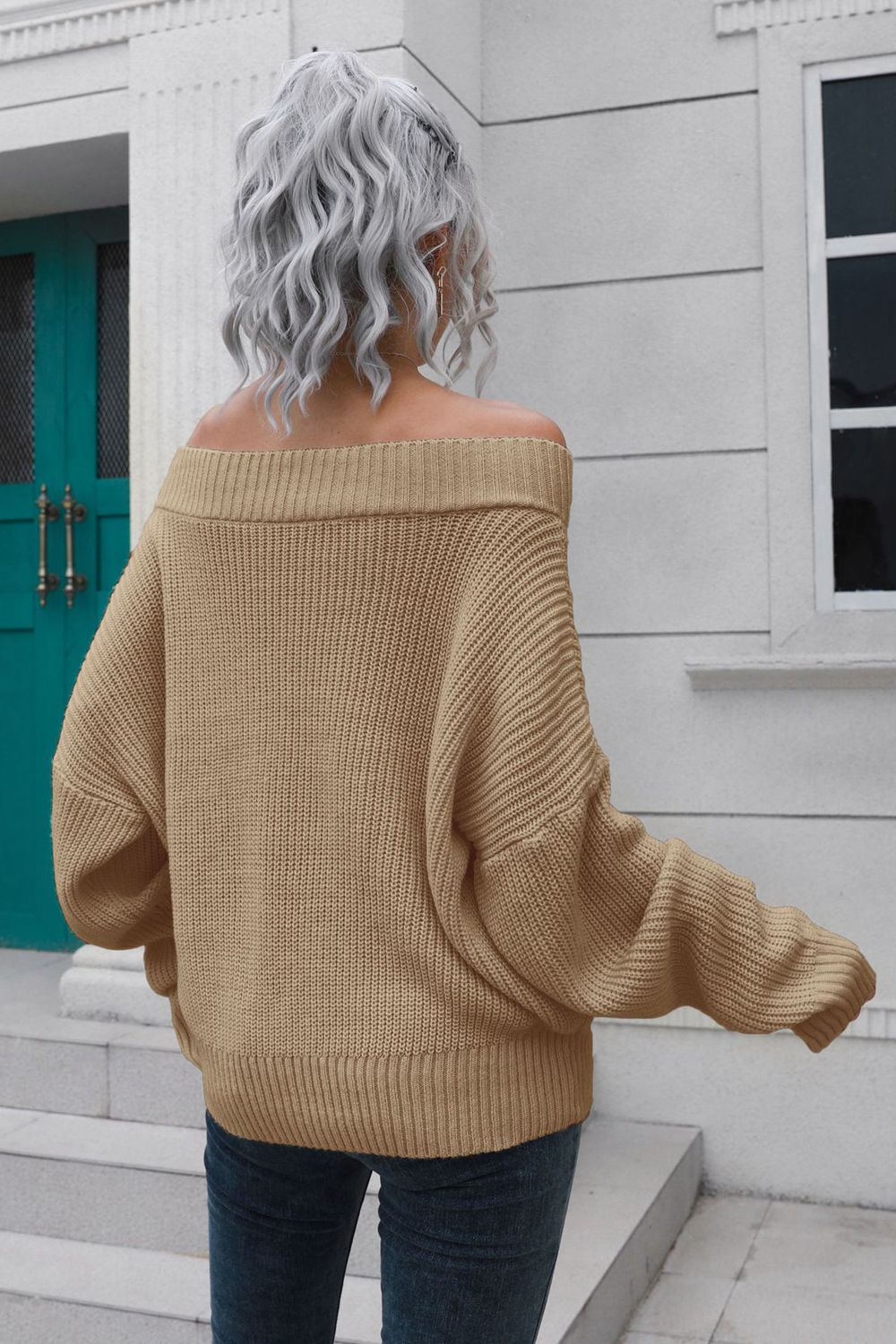 swvws Off-Shoulder Ribbed Long Sleeve Pullover Sweater