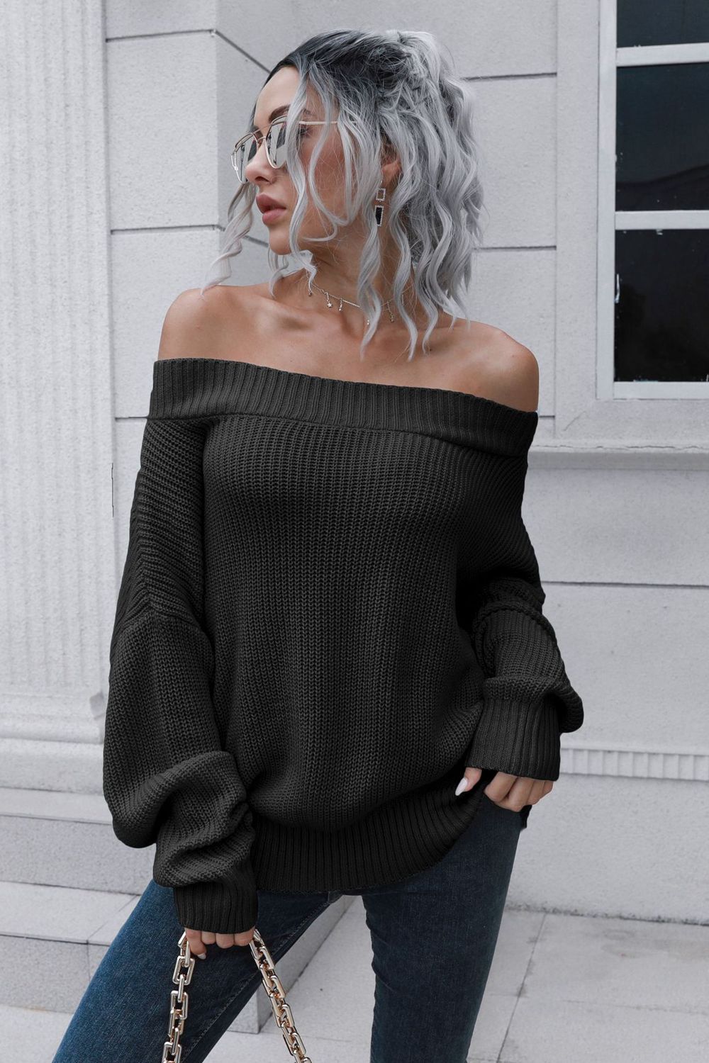 swvws Off-Shoulder Ribbed Long Sleeve Pullover Sweater