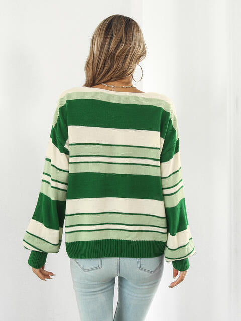 swvws Striped V-Neck Long Sleeve Knit Top