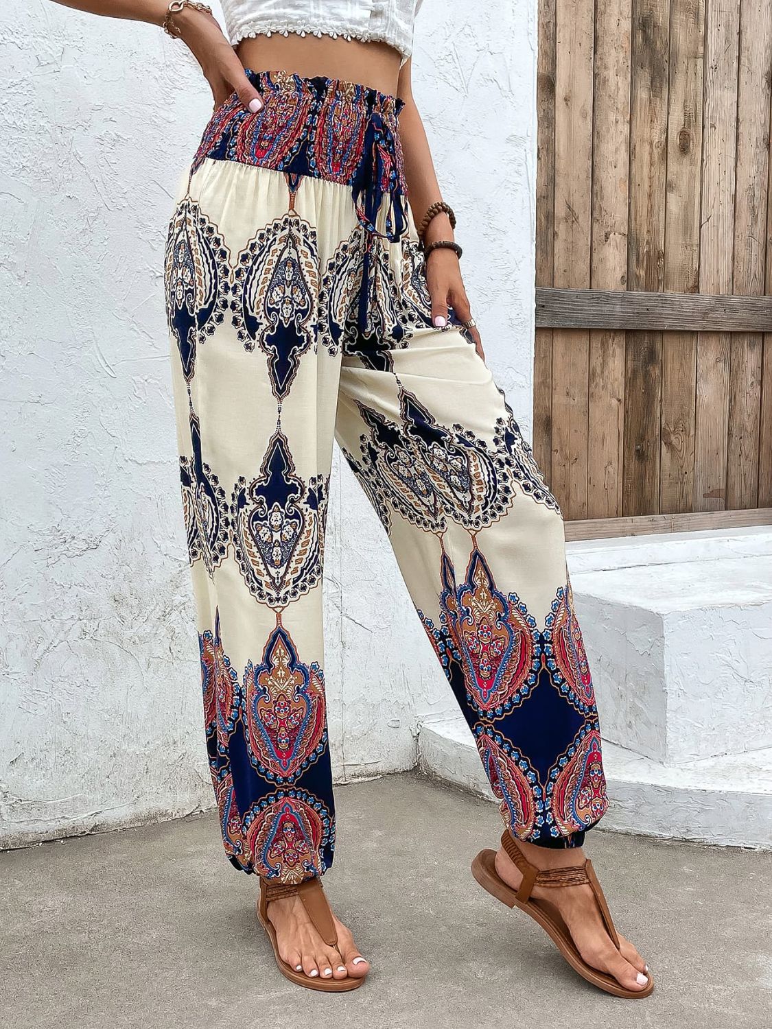 swvws Printed Smocked High Waist Pants