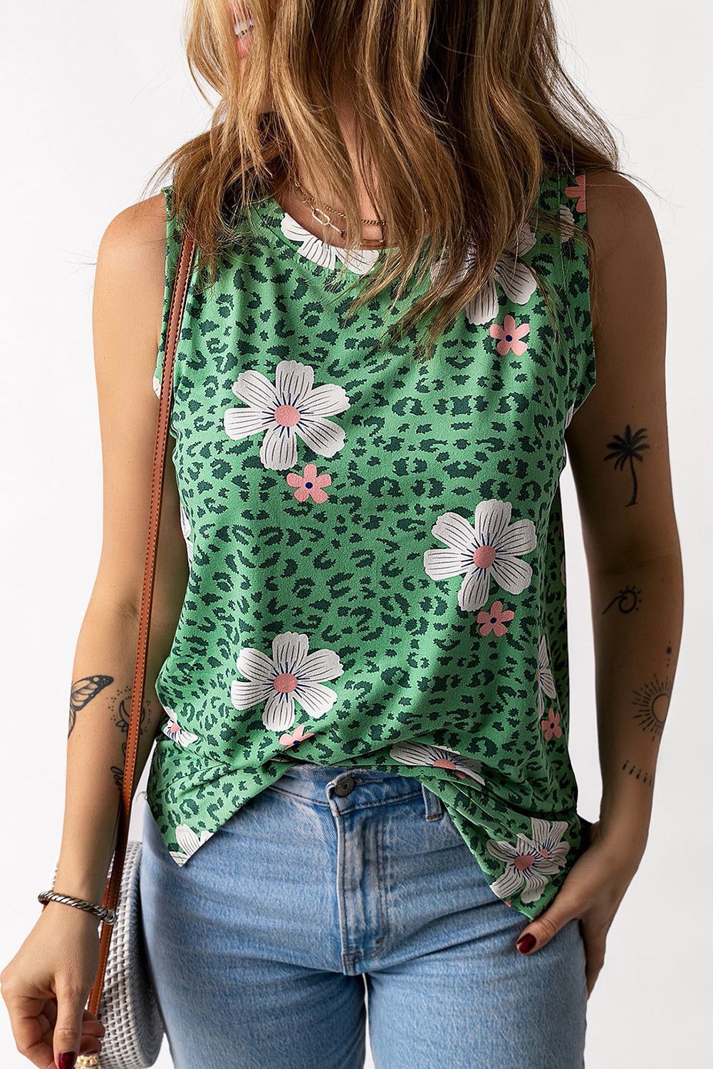 swvws Printed Side Slit Round Neck Tank