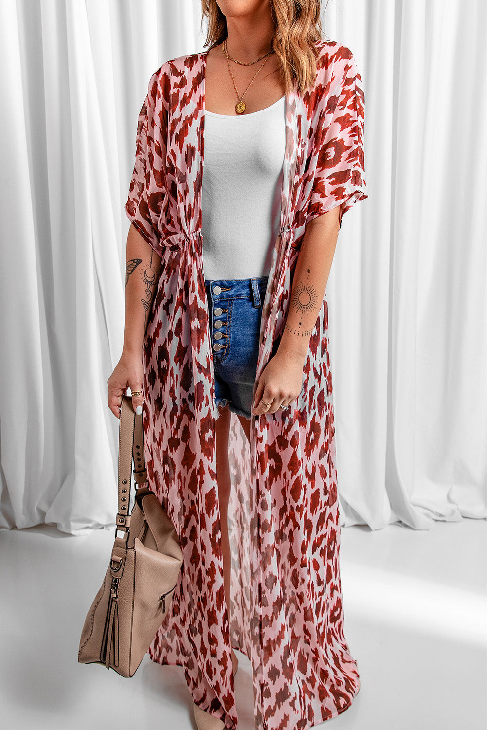 swvws Animal Print Half Sleeve Duster Cardigan