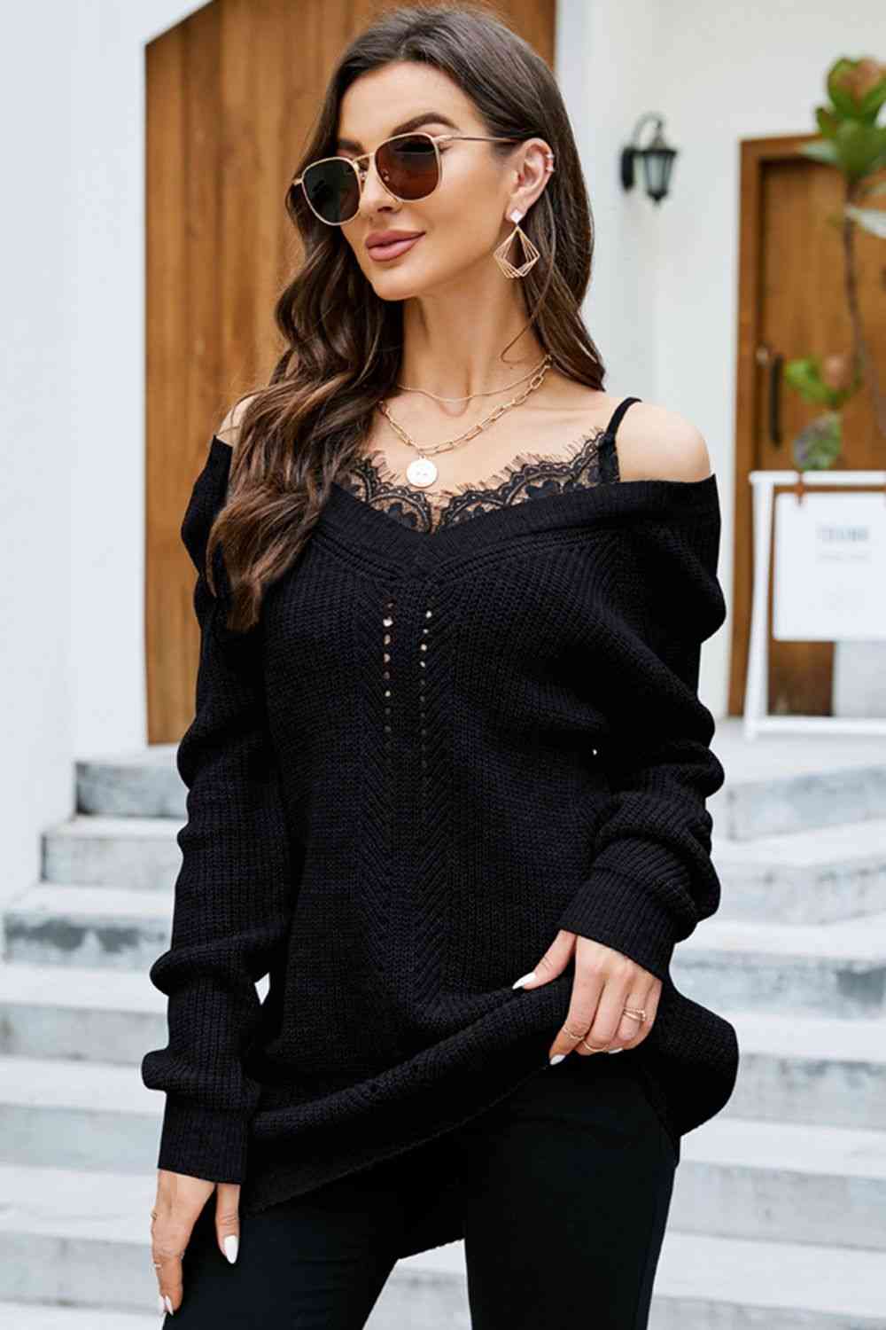 swvws Openwork V-Neck Long Sleeve Sweater