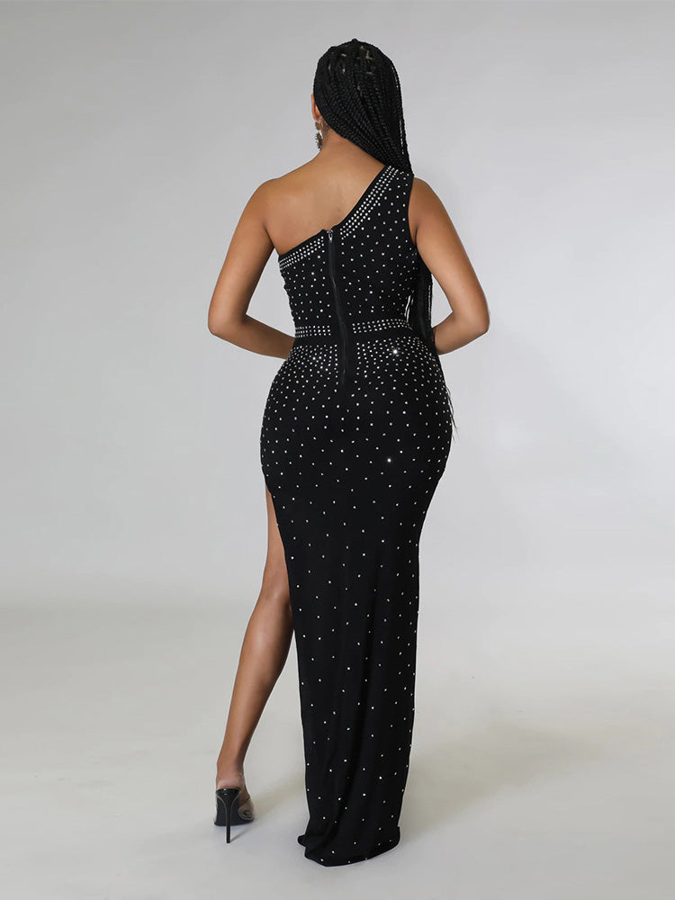 Sixsr Rhinestone One Shoulder Slit Dress