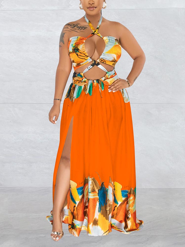 Sixsr Print Halter Cut-out Maxi Dress