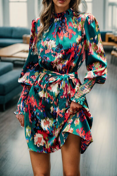 swvws Printed Tied Lantern Sleeve Mini Dress