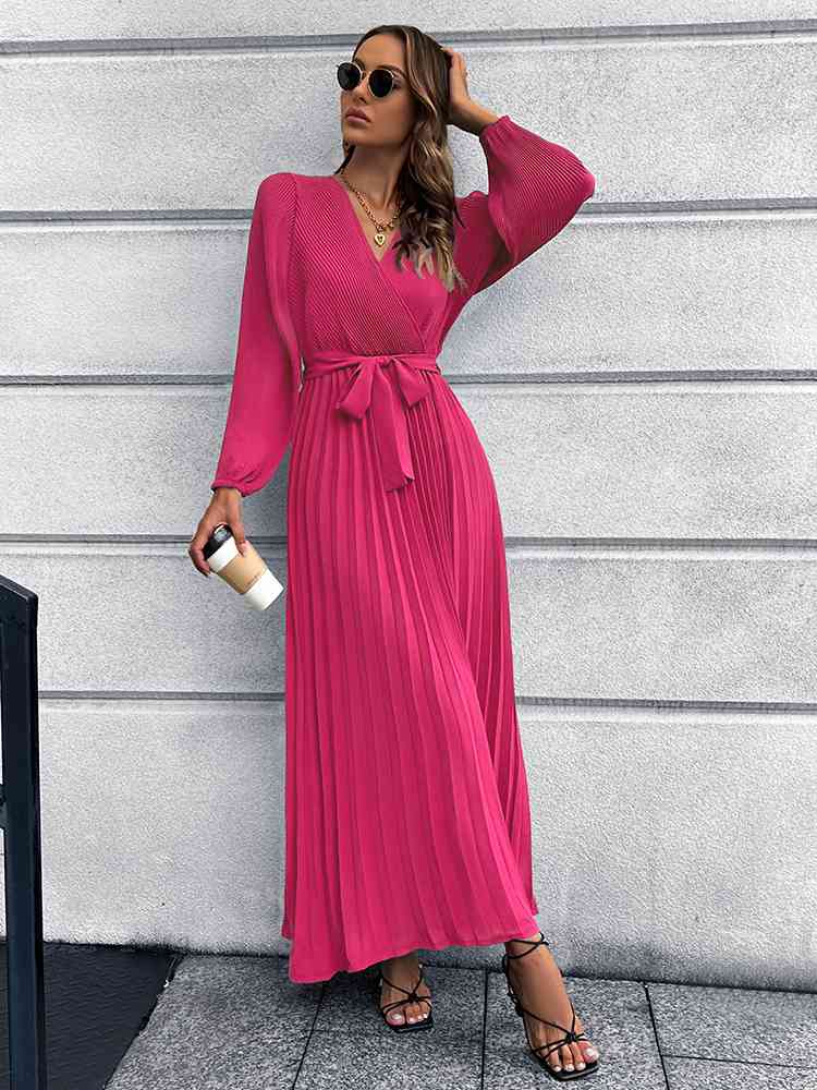 swvws V-Neck Tie Waist Pleated Maxi Dress