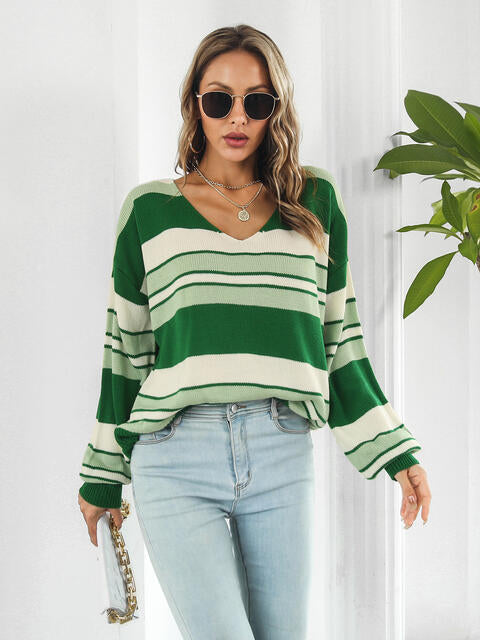 swvws Striped V-Neck Long Sleeve Knit Top