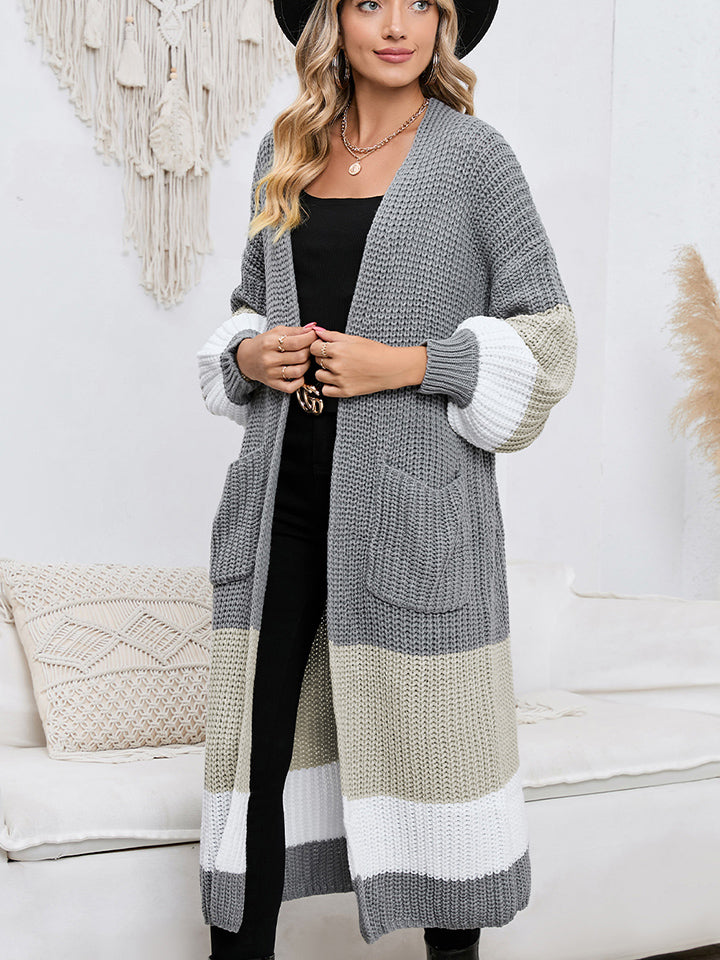 swvws Color Block Long Sleeve Pocketed Cardigan