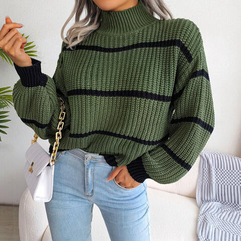 swvws Striped Mock Neck Dropped Shoulder Sweater