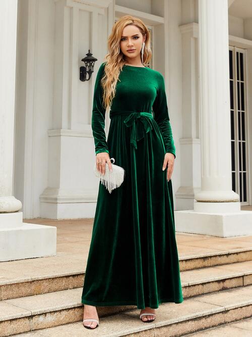 swvws Tie Front Round Neck Long Sleeve Maxi Dress