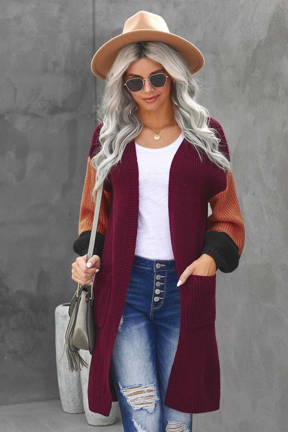 swvws Color Block Rib-Knit Longline Cardigan with Front Pockets