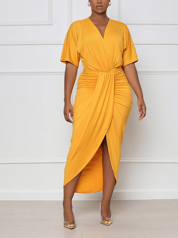 Sixsr V Neck Ruched Wrap Slit Dress