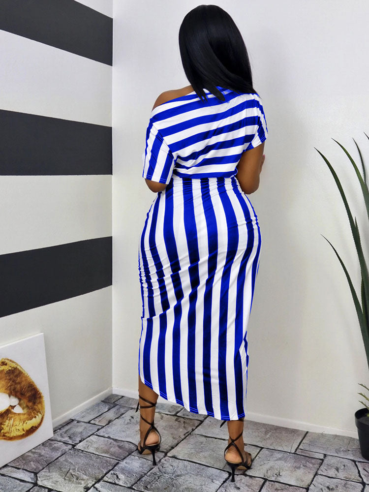 Sixsr Striped One Shoulder Ruched Dress