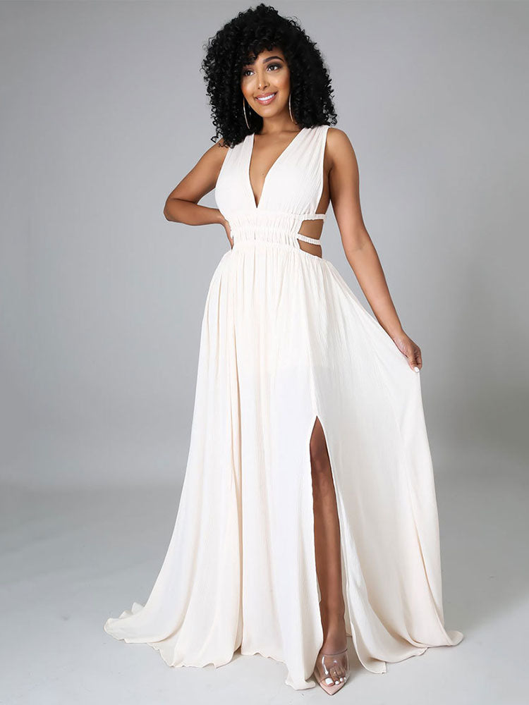 Sixsr Sleeveless V Neck Slit Maxi Dress