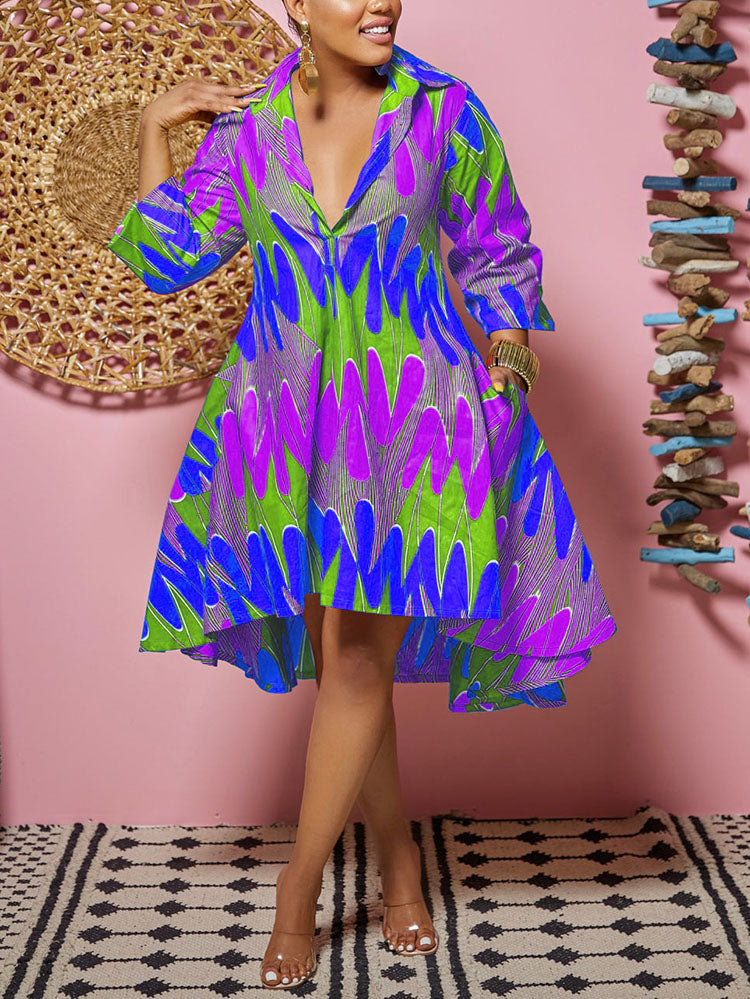 Sixsr Printed A-Line Shirt Midi Dress