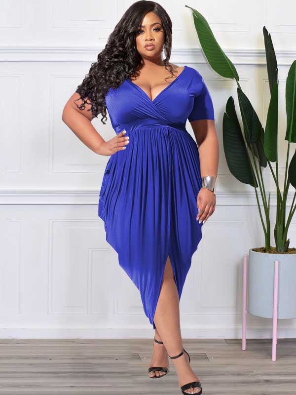 Sixsr Deep V Neck Ruched Midi Dress