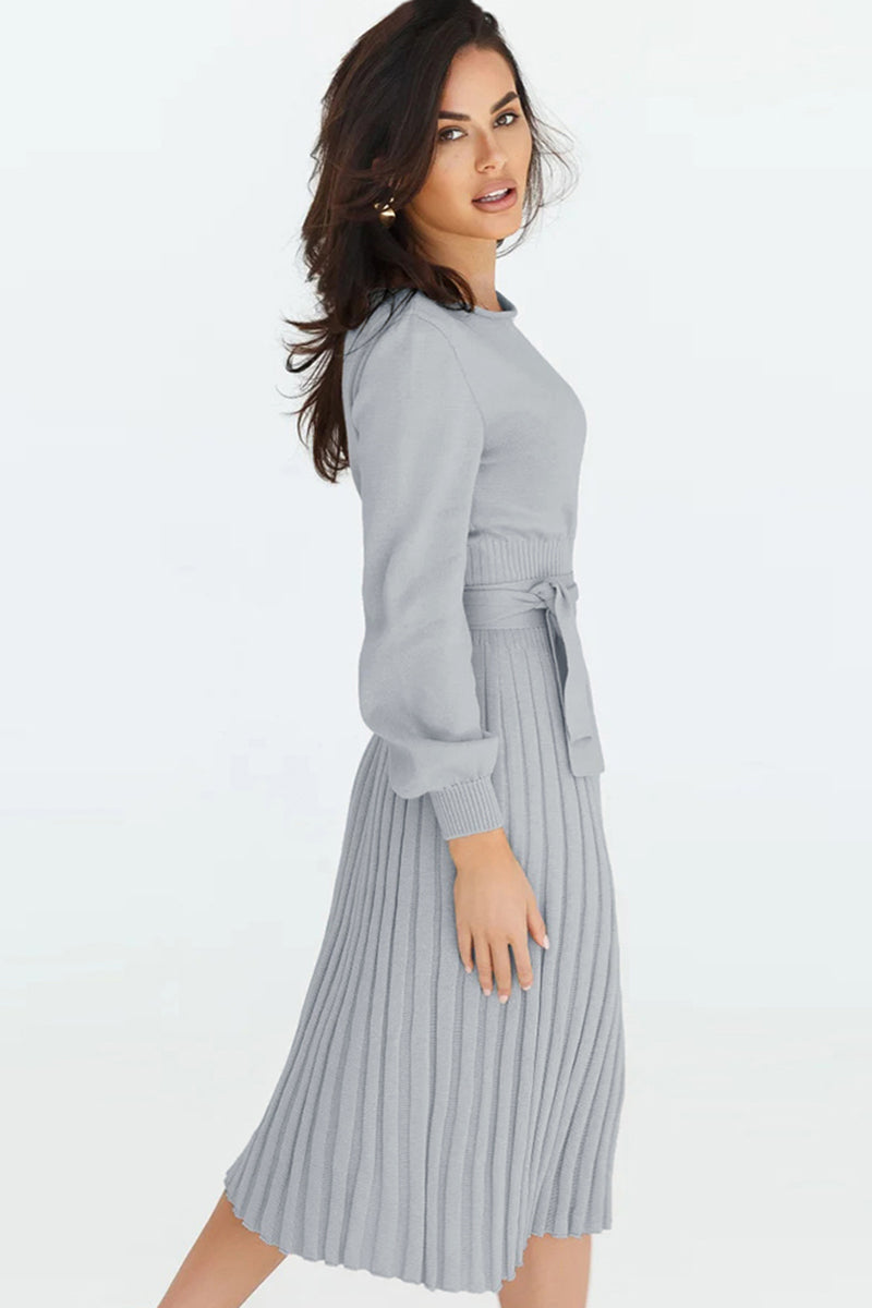 swvws Round Neck Long Sleeve Pleated Sweater Dress