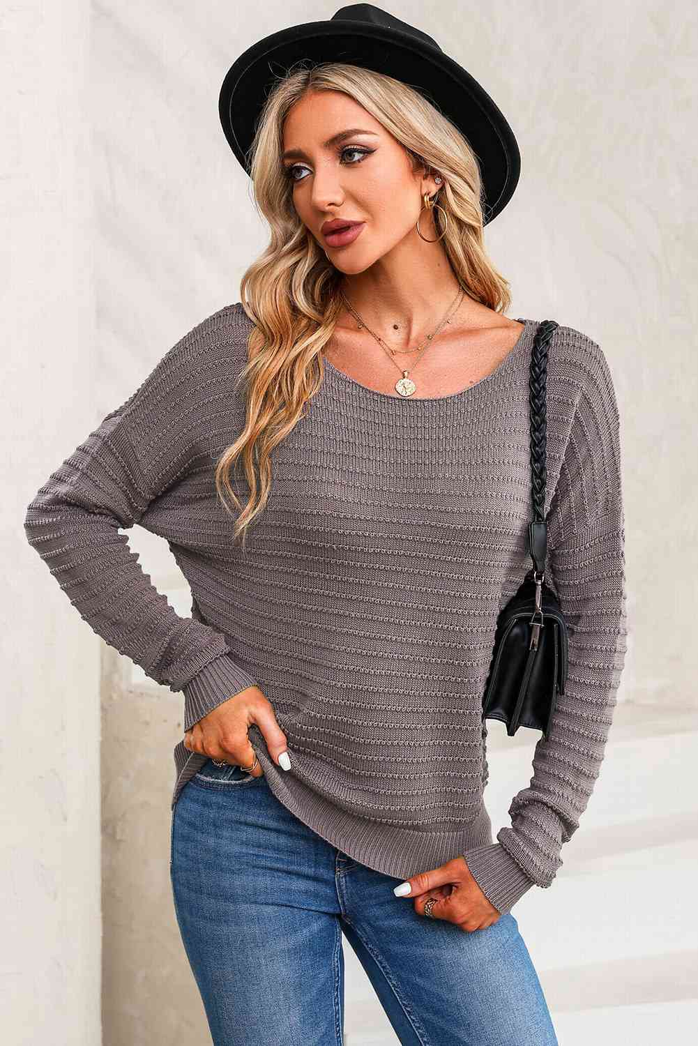 swvws Horizontal Ribbing Round Neck Sweater