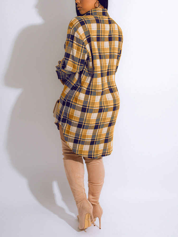 Sixsr Long Sleeve Plaid Buckle Shirt Dress