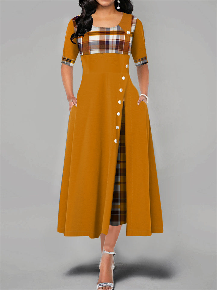 swvws Women's Plus Size Casual Dress Plaid Crew Neck Print Half Sleeve Winter Fall Elegant Casual Maxi long Dress Work Daily Dress / Date