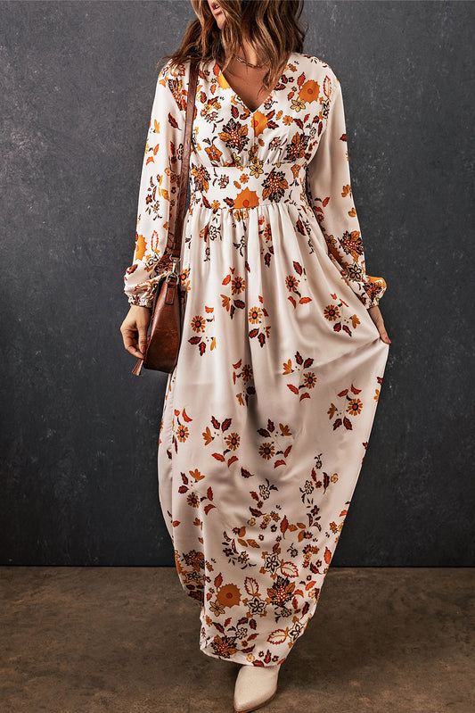 swvws Floral V-Neck Long Sleeve Maxi Dress