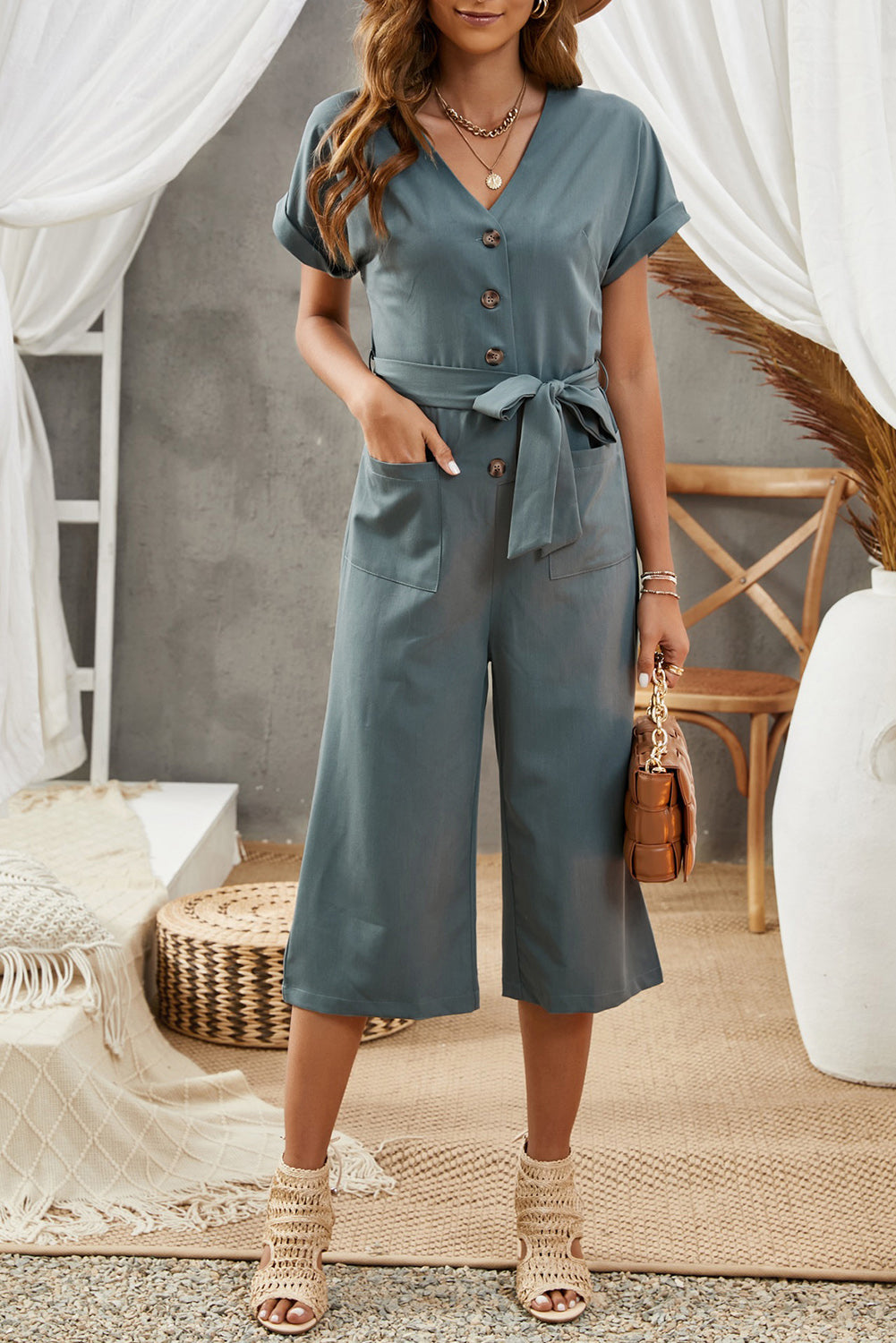 swvws Tie-Waist Buttoned Cropped Jumpsuit