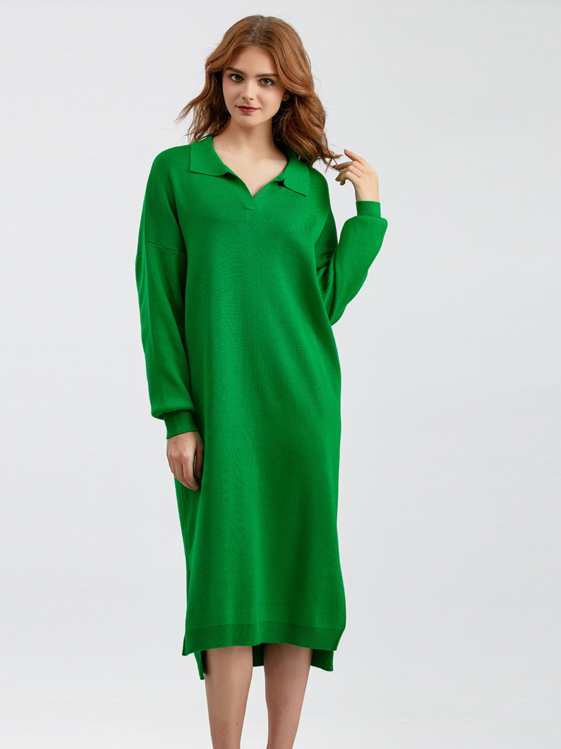 swvws Johnny Collar Long Sleeve Slit Sweater Dress