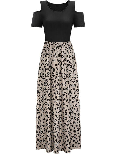 swvws Leopard Round Neck Cold Shoulder Dress